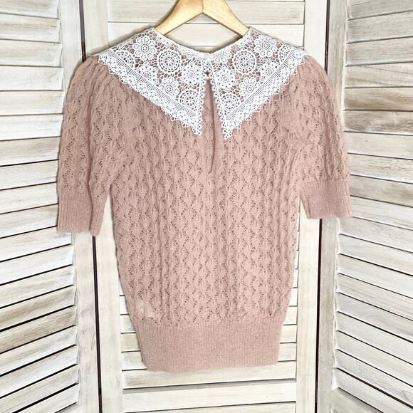 Manoush Ballet Pink Pointelle Open Knit Lace Collar Sweater Mohair S - Picture 2 of 9